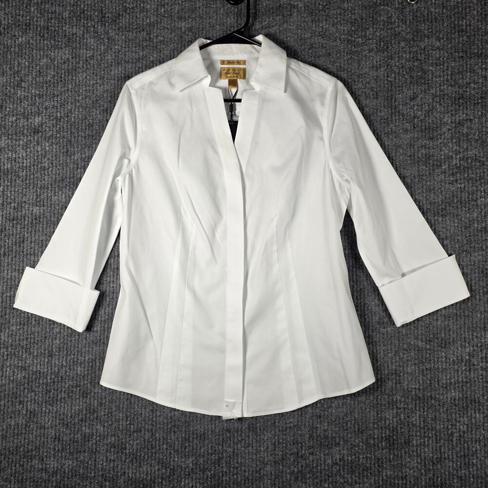 Taylor Investments Gold Label White Non Iron Button Front Blouse Women 8 NWT